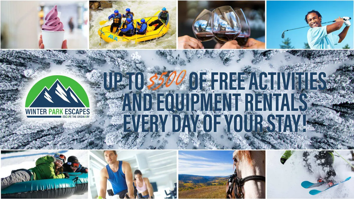 A vibrant collage of outdoor adventure activities, including white-water rafting on a rushing river, skiers navigating snowy slopes, horseback riders in scenic meadows, and golfers teeing off against a mountain backdrop. Plates of food and beverages suggest après-adventure relaxation and local flavors.