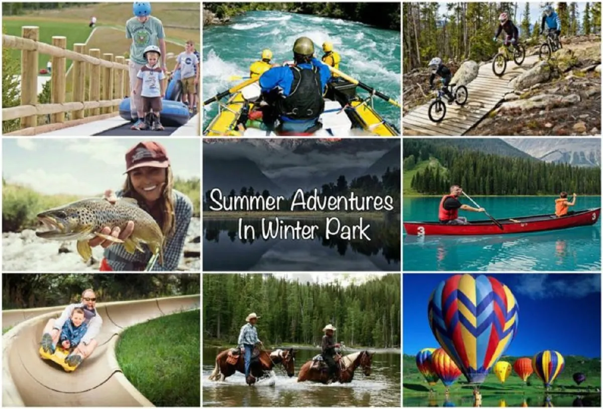 An energetic outdoor scene featuring families and friends partaking in water sports, fishing, biking along scenic trails, rafting down spirited rapids, and soaring in a hot air balloon. The lush landscape and smiling faces evoke a sense of joy, camaraderie, and exploration.